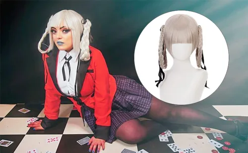 Vista 7 de JOMICO Momobami Kirari - Pelucas de cosplay para mujer, Kakegurui, Halloween, fiesta, pelucas sintéticas, color tostado con cabello trenzado y colas