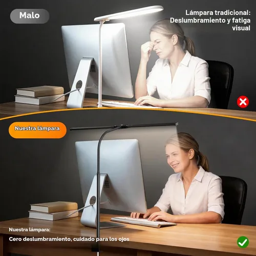 Vista 5 de SKYLEO Lámpara LED de escritorio con abrazadera, luz de escritorio de doble cabezal con control remoto y táctil, protección ocular, 12 W, 5 modos