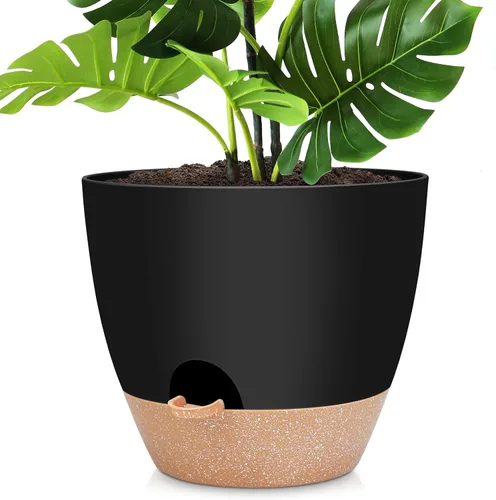 Vista 13 de YNNICO Macetas de 10/9/8/7.5/7 pulgadas, macetas de riego automático con agujeros de drenaje y platillos para plantas de interior y exterior (negro)