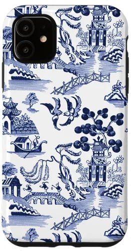 Vista 8 de iPhone 14 Pro Preppy Azul y Blanco Willow Patrón Chinoiserie Toile Case