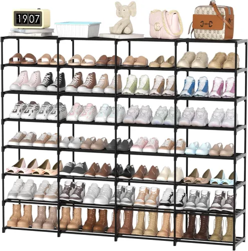 Vista 12 de Estante para zapatos de 2 filas y 4 niveles, estante de zapatos apilable de metal negro con ganchos multifuncionales, capacidad para 16-20 pares