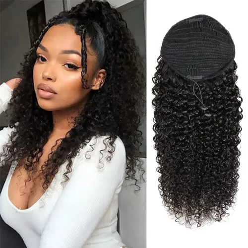 Vista 39 de Extensiones de cabello rizado para cola de caballo, cabello rizado para cola de caballo, extensión de cabello humano virgen brasileño