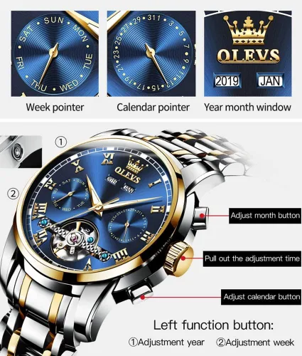 Vista 4 de OLEVS Reloj automático para hombre, cuerda automática, mecánica, de lujo, de acero inoxidable, multicalendario, impermeable, luminoso, reloj