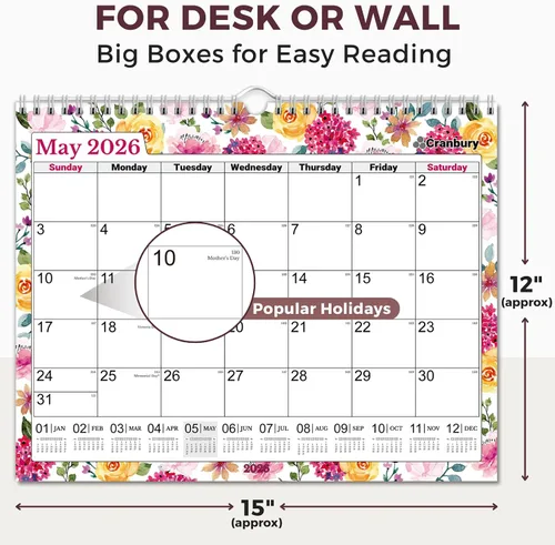 Vista 5 de CRANBURY 2026 Calendario de pared grande 12x15, calendario mensual floral colgante de 12 x 15 con grandes espacios diarios, enero–diciembre de 2026