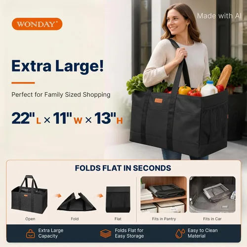 Vista 4 de Bolsa tote grande de WONDAY, bolsa de alimentos plegable y reutilizable, bolsa tote con asas, bolsa de la compra para alimentos, almacenamiento Negro