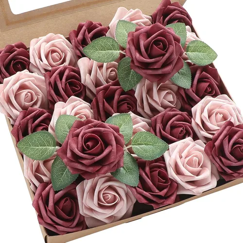 Vista 6 de Floroom Flores artificiales, 25 piezas de rosas falsas de espuma dorada antigua de aspecto real con tallos para ramos de boda DIY, centros de mesa