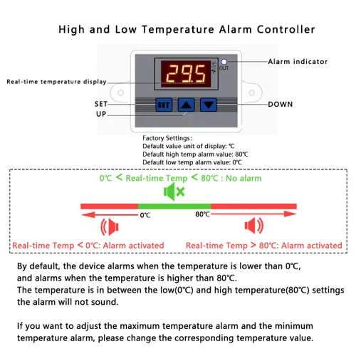Vista 3 de Monitor de temperatura alta/baja de 12 V, sensor de temperatura con sonda impermeable de 5M, alarma de congelador audible/visual ajustable de 0 ~