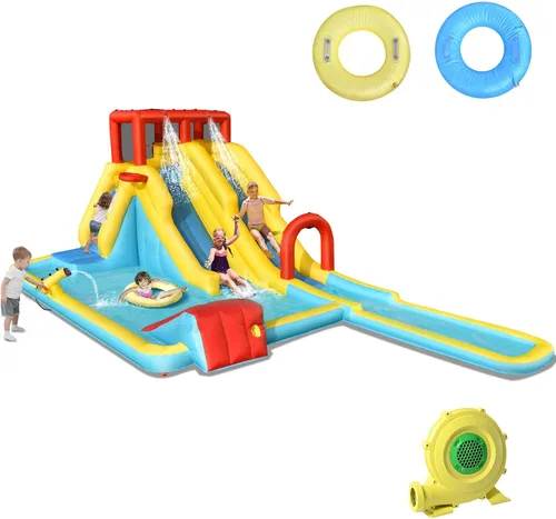 Vista 11 de HONEY JOY Tobogán acuático inflable, tobogán acuático de elefante 9 en 1 para patio trasero de niños, piscina de chapoteo, punta de tac, pared