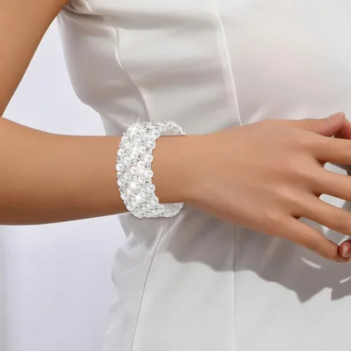 Vista 3 de Long tiantian Juego de pulseras de perlas para mujer, pulsera de diamantes de imitación de cristal multicapa, brazaletes con cuentas elásticas