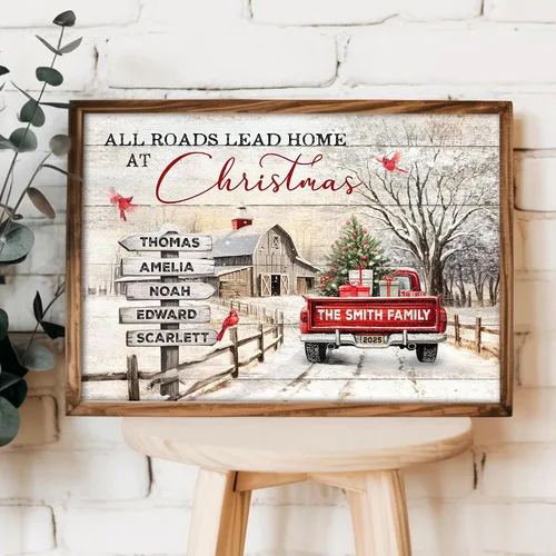 Vista 4 de CENOVACY Arte de pared personalizado en lienzo de Navidad familiar, arte de pared de Navidad con nombres de familia en Navidad All Roads con letrero