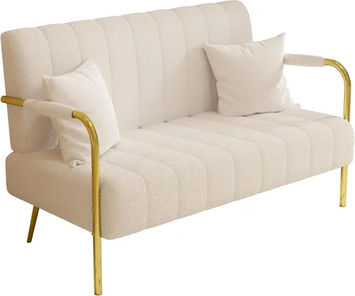 Vista 6 de anwickjeff Sofá biplaza moderno de 59 pulgadas, cómodo sofá de forro polar de peluche con 2 almohadas y patas de metal, mini sofá tapizado de 2 Beige
