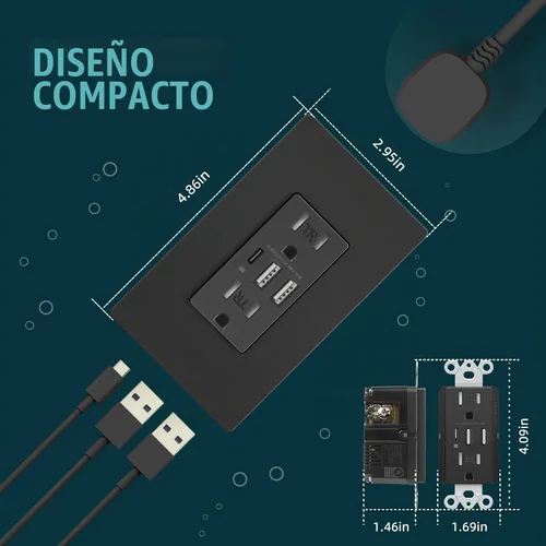 Vista 5 de TOPELER Toma de pared USB C negra, toma eléctrica de carga rápida de 30W 6.0Amp con 3 puertos USB (1*Tipo C y 2*Tipo A), receptáculo resistente a