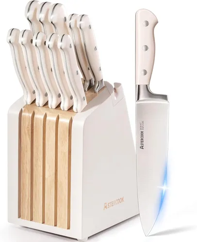 Vista 9 de Astercook Juego de cuchillos de cocina de espiga completa con bloque y Negro