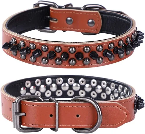 Vista 23 de Collar de perro con tachuelas, collar de perro de cuero genuino, collares ajustables para mascotas pequeñas o medianas (S, negro-1)