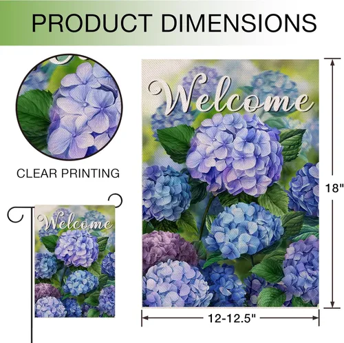 Vista 2 de Hzppyz Bandera de jardín de flores florales de primavera de bienvenida de doble cara, hortensias decorativas para patio al aire libre, decoración