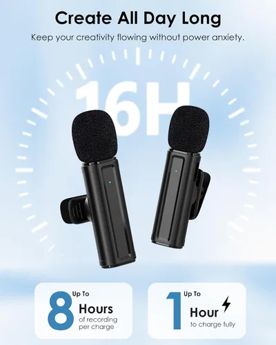 Vista 5 de Mini micrófono inalámbrico para iPhone, iPad, Android, paquete de 2 micrófonos Lavalier con clip giratorio de 360°, micrófono USB-C con reducción