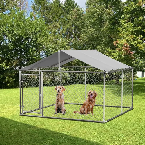 Vista 2 de Perrera grande para perros al aire libre, recinto de acero galvanizado resistente con cubierta impermeable resistente a los rayos UV, cadena