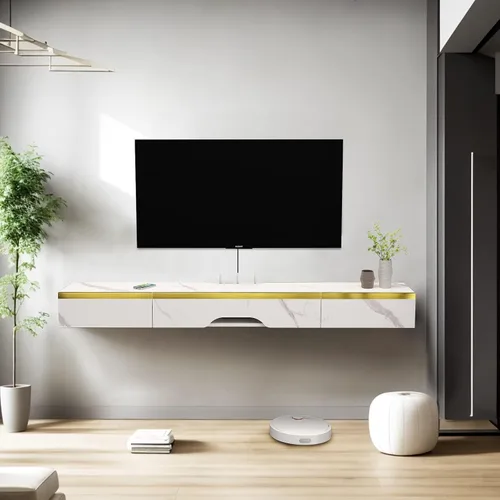 Vista 6 de Pmnianhua Estante Flotante de TV con Cajones, Consola de TV Montada en Pared de 59'', Estante de Medios de Entretenimiento con 2 Cajones y 1 Puerta