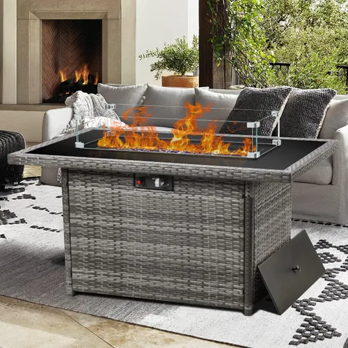 Vista 9 de Mesa de Fogata de Propano, 44 Pulgadas 55000 BTU Fogata de Gas Exterior Rectangular con Protector de Viento de Vidrio para Patio y Terraza Exterior