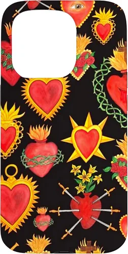 Vista 14 de iPhone 14 Pro Max Hearts Mexican Days of the Dead Latina Milagros Folk Art Fun Case