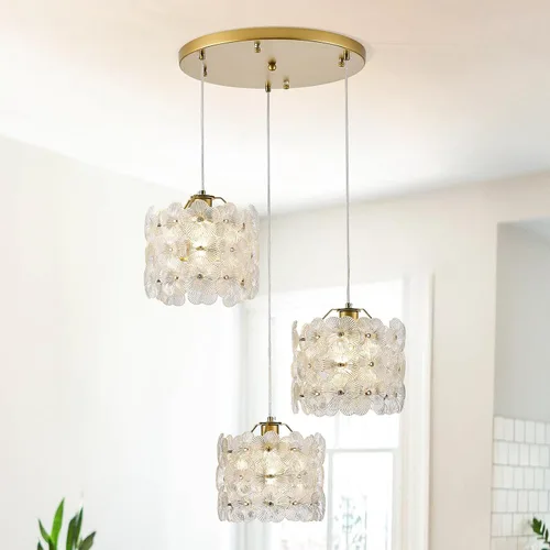 Vista 19 de Lámpara colgante de cristal dorado, paquete de 1 lámpara colgante de techo pequeña con flores modernas, 1 luz para cocina, isla, fregadero, comedor