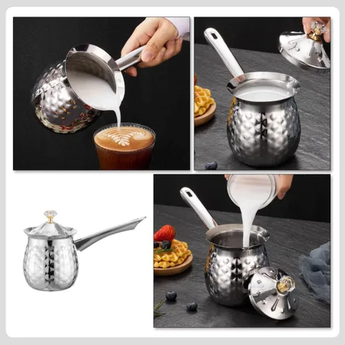 Vista 5 de CALLARON Calentador de cafetera turca de acero inoxidable con leche árabe Cezve Ibrik cafetera de 6.8 fl oz expreso decantador caldera con boquilla