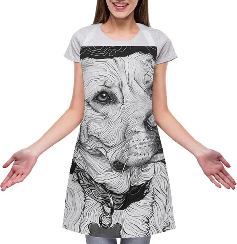 Vista 3 de MUSM Apron for Adults - 27.6 X 31.5 Inch, Heavy-Duty Polyester Aprons with Two Large Pockets, Waterproof Line Drawing Dog Kitchen Apron for Cooking