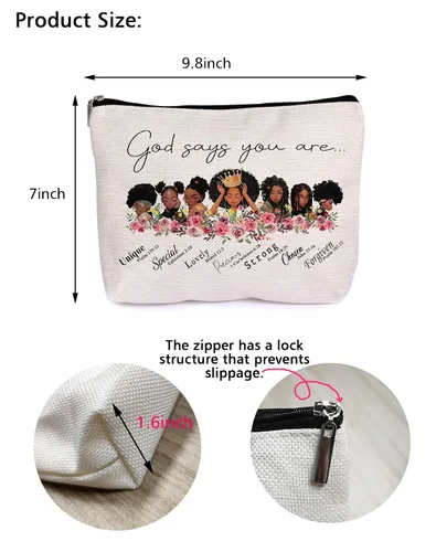 Vista 2 de LANBAIHE Bolsa de maquillaje cosmética especial afroamericana con texto en inglés "God Says You are One", regalo inspirador para amigas, hermanas