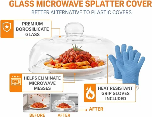 Vista 2 de Cubierta de vidrio para salpicaduras de microondas, cubierta de vidrio de borosilicato de 10 pulgadas con asa, incluye guantes resistentes al calor
