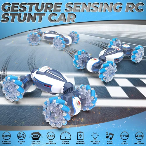 Vista 4 de Coche RC de Acrobacias con Detección de Gestos - Juguetes para Niños de 6 a 12 años, Coche RC Gira 360° 4WD Controlado a Mano con Luz y Música
