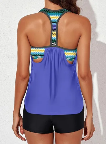 Vista 2 de Aleumdr Womens Blouson Striped Printed Push up Strappy T-Back Tankini Top with Shorts(Available in Plus)