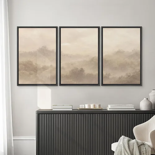 Vista 461 de SIGNWIN Lienzo enmarcado para pared, juego de arte pastel con cadena montañosa, bosque, niebla, naturaleza silvestre, ilustraciones modernas, arte