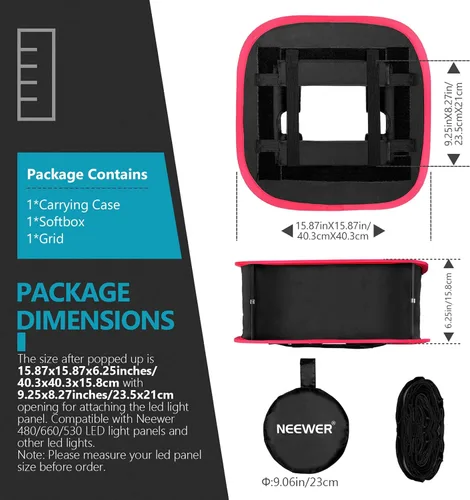 Vista 2 de Neewer Caja de luz Softbox plegable con clip de correa, rejilla y bolsa de transporte Compatible con paneles de luz LED Neewer 480/660/530, apertura