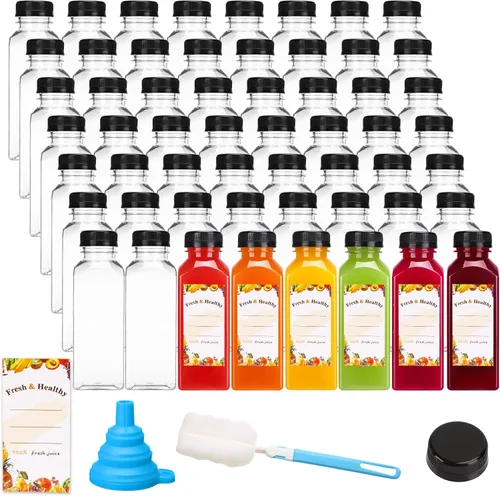 Vista 9 de Moretoes 56 botellas de plástico de 8 onzas con tapas, botellas reutilizables de plástico transparente para jugo, recipientes de jugo con tapas