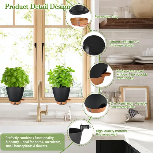 Vista 6 de Macetas de riego automático de 6 pulgadas para plantas de interior (paquete de 5) – Pequeñas macetas de plástico con ventana de nivel de agua