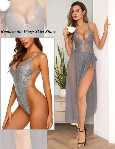 Vista 4 de Avidlove - Lencería de una pieza para mujer body de encaje con escote profundo en V y falda de malla