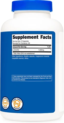 Vista 5 de Nutricost L-citrulina 1500 mg, 180 cápsulas – 750 mg por cápsula, sin gluten, sin OMG, el embalaje puede variar (paquete de 2)