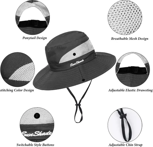 Vista 30 de Sombrero de pesca de playa de ala ancha para mujer, con protección UV, plegable, con agujero para cola de caballo