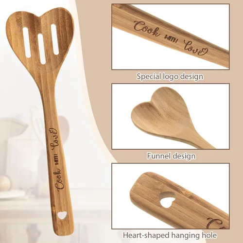 Vista 3 de Yinder 3 cucharas de madera en forma de corazón, utensilios de cocina de bambú, cucharas de corazón grabadas para cocina, regalos de boda