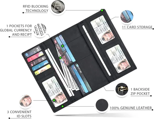 Vista 5 de Cartera de cuero real para mujer con bloqueo RFID, diseño triple tarjetero para damas con ventana de identificación