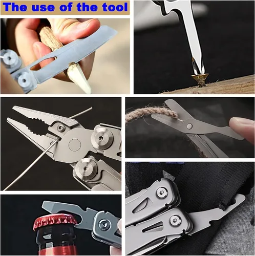 Vista 6 de Alicates multiherramienta Tijeras con mordazas reemplazables de bolsillo de acero inoxidable, alicates y tijeras con clip de bolsillo para camping