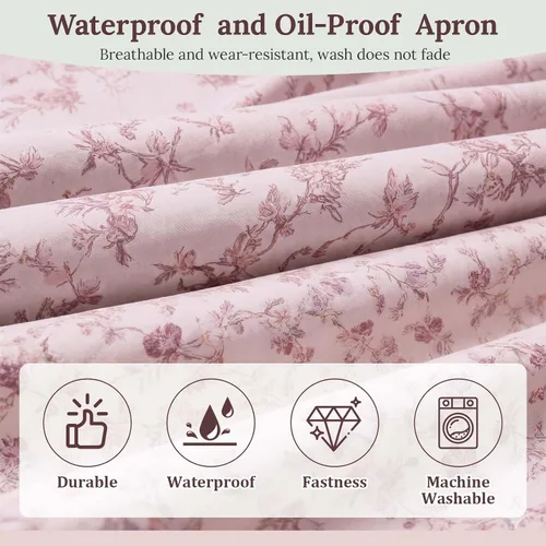 Vista 5 de Kitchen Apron, Double Sided Floral Adjustable Waterproof Apron with 2 Pockets for Baking, Salon, BBQ for Mom Wife