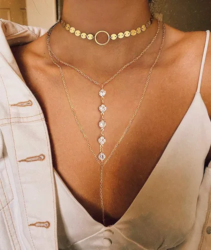 Vista 2 de Suyi - Collar de lentejuelas con cadena fina, cadena larga y dije en capas, para mujeres y niñas