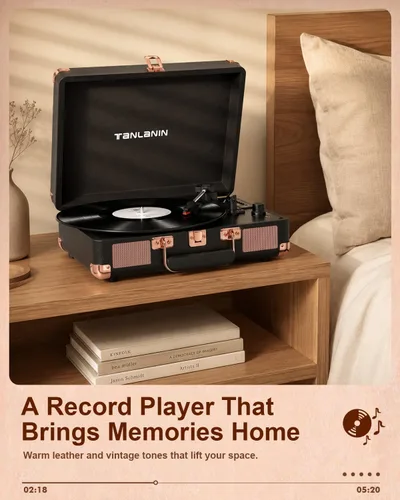 Vista 8 de Retro Suitcase - Tocadiscos de vinilo con grabación USB, Bluetooth negro rosa dorado