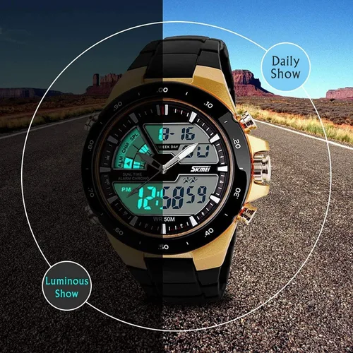 Vista 2 de FANMIS Reloj deportivo analógico digital 50M impermeable para hombre, reloj deportivo militar multifunción cronómetro alarma retroiluminación reloj