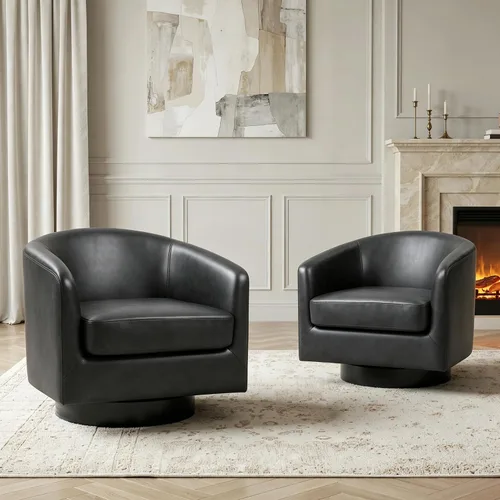 Vista 8 de Silla Giratoria de Acento de Cuero Sintético con Base de Madera, Sillas de Barril Tapizadas Modernas para Sala de Estar, Cómodo Sillón Redondo Sofá