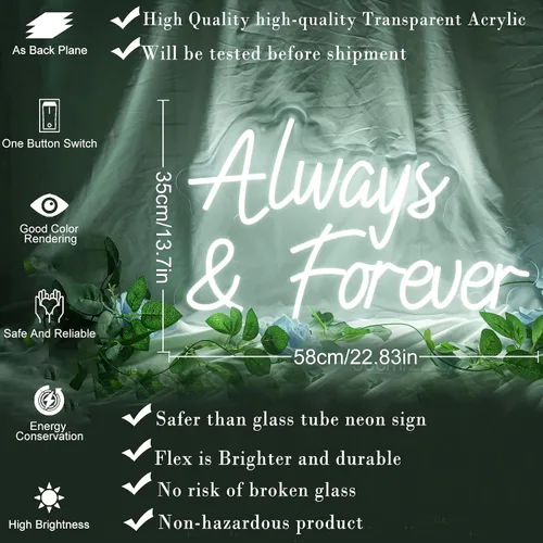 Vista 3 de Letreros de neón con texto en inglés «Always and Forever» para decoración de pared, de compromiso, de neón, para boda, propuesta, aniversario