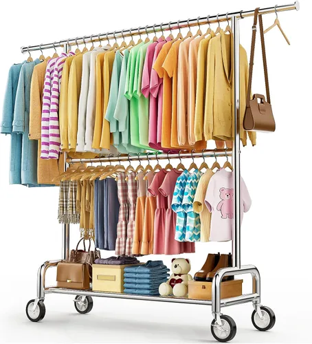 Vista 14 de Perchero de ropa resistente con carga de 860 libras, estantes de ropa rodantes de doble barra para colgar ropa, estante de ropa rodante con estantes