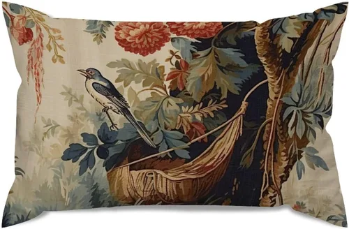 Vista 6 de ArogGeld Funda de cojín lumbar asiática de estilo chinoiserie, de lino marrón, pájaro y flor, funda de cojín asiática para sofá, silla de automóvil