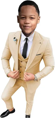 Vista 4 de Traje de 3 piezas con solapa de muesca, traje de fiesta para niños de un solo pecho, traje de fiesta de flores para niños, blazer y pantalones